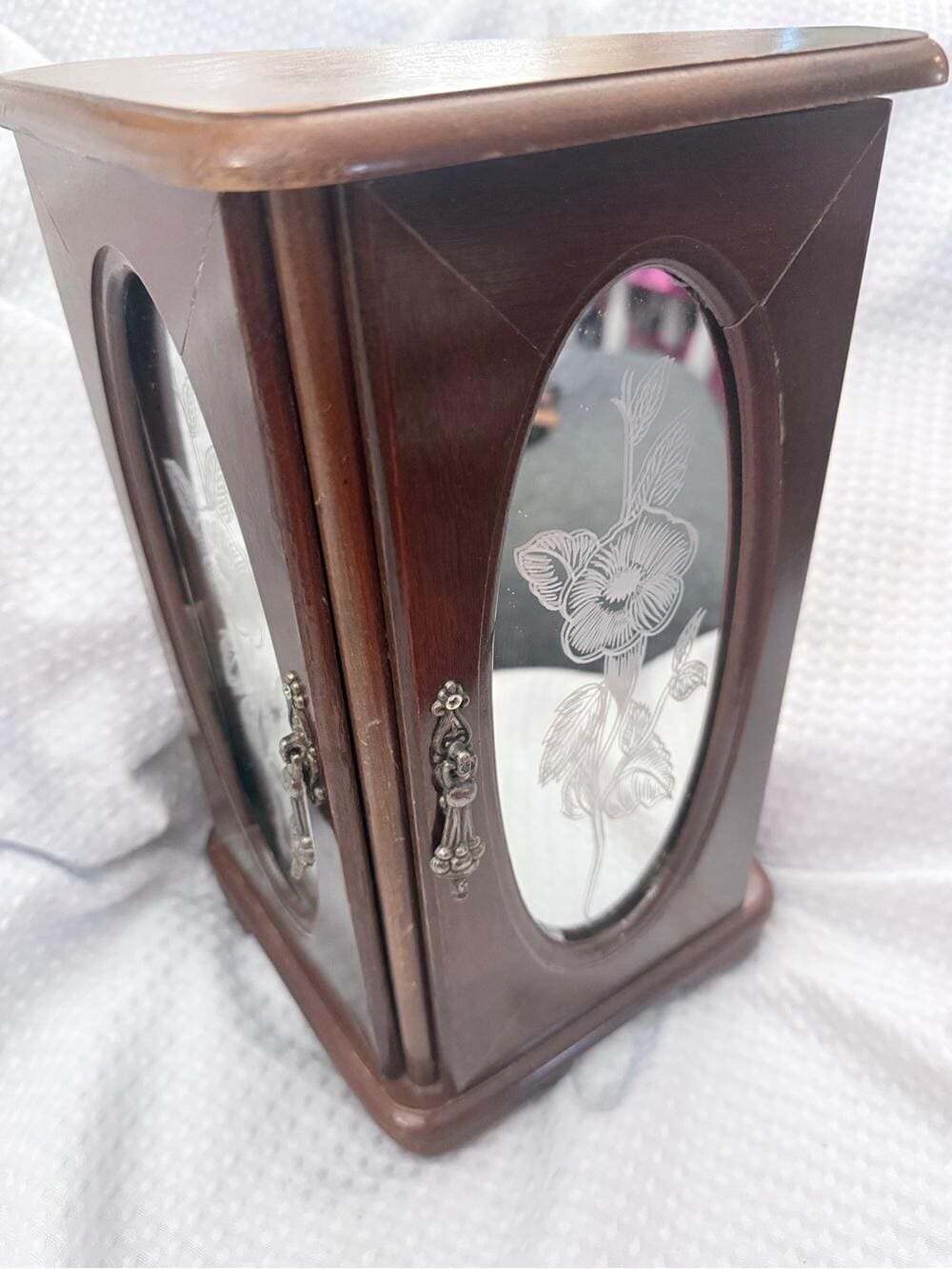 Vintage Gunther Mele Wooden Corner Jewelry Box Cabinet Etched Floral Glass 1976